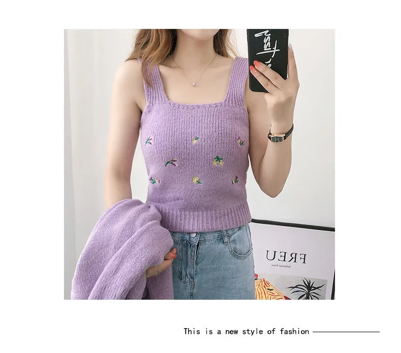 Bxoxo Two-piece Top Suit Flower Embroidered Knitted Korean Style Cardigan Autumn Fashion Sling Sweater Slim Sweet Jacket Sets