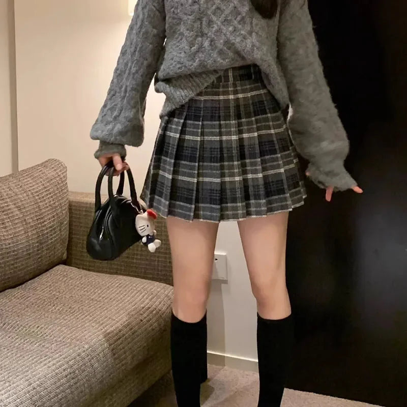 BXOXO Preppy Style Plaid Pleated Skirt Women Fall Winter High Waist Woolen Mini Skirt Japanese School Uniforms Kawaii Y2K Jk Skirts