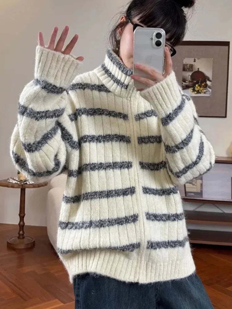 Bxoxo Lazy Wind Vintage Striped Cardigan Women Casual Preppy Style Loose Knitted Sweaters Japan Retro Stand Up Collar Long Sleeve Tops