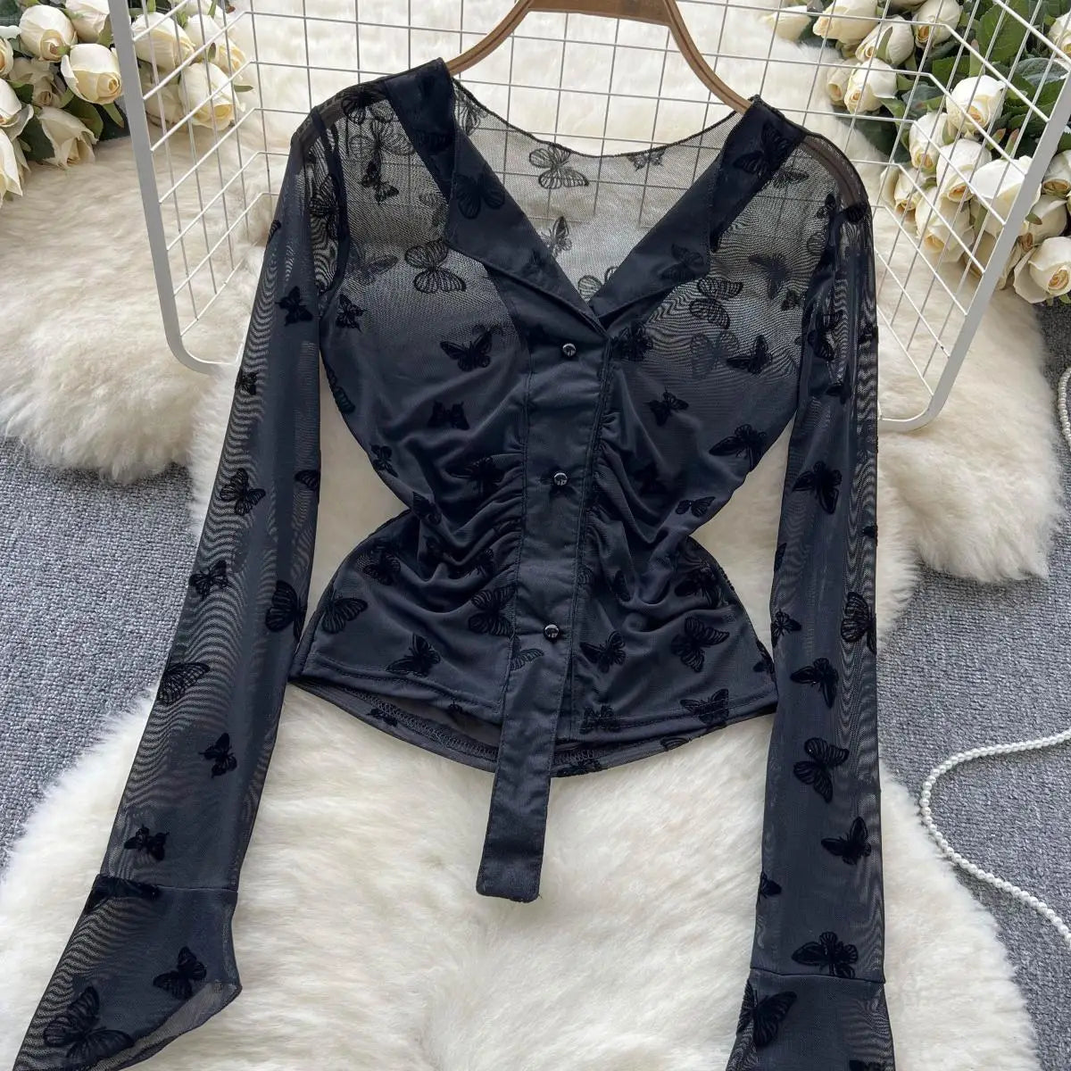 Bxoxo Butterfly Print Blouse Summer Long Sleeve V Neck Y2K 2024 Slim Vacation Ladies High Street Fashion Casual Shirt