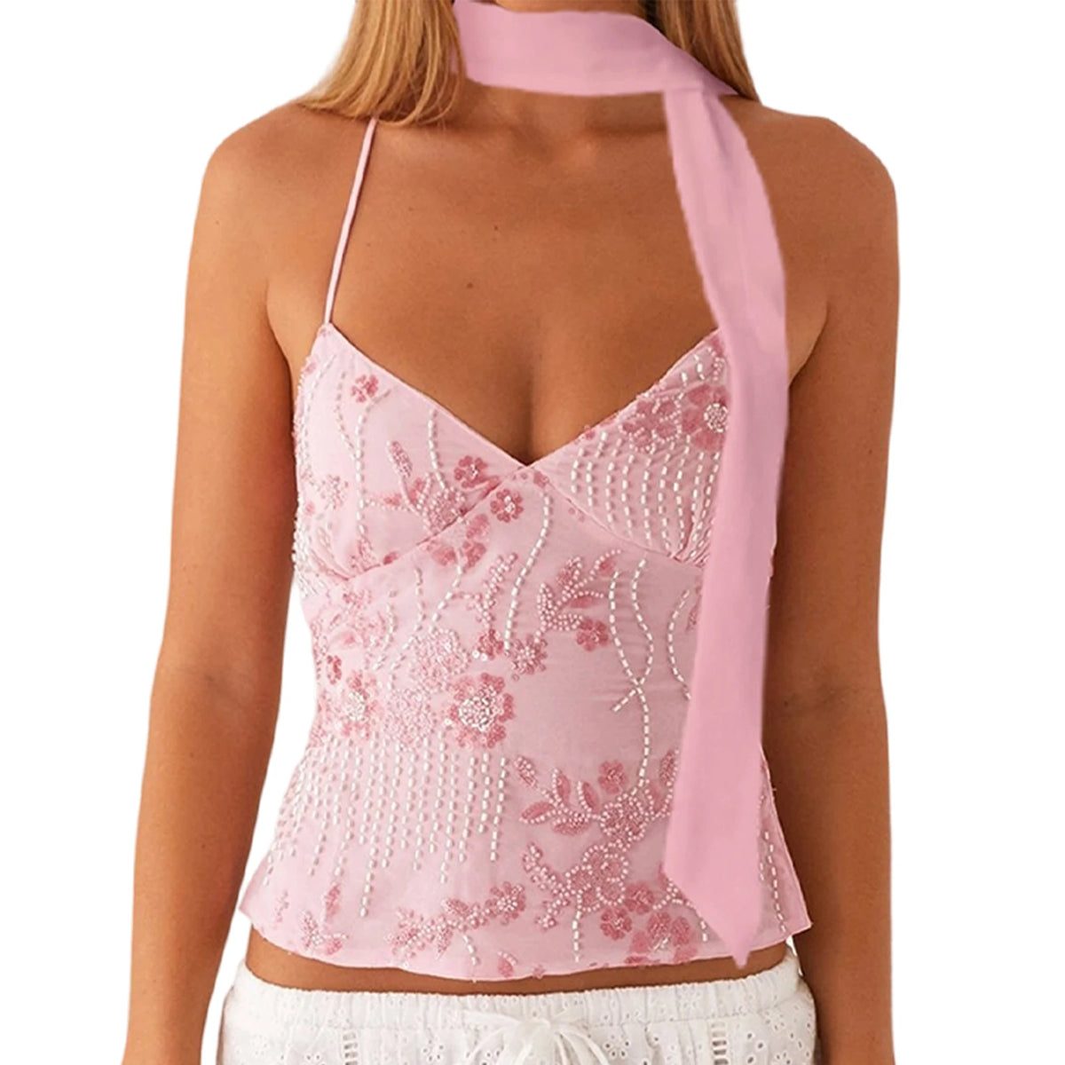 BXOXO Chic Women Sequins Beaded Flower Embroidery V-Neck Casual Tank Tops Summer Fashion Sleeveless Tops with Choker Scarf