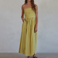 BXOXO Women Striped Strapless Maxi Dress Flowy Smocked Backless Tube Long Dress Swing Casual Summer Sundress with Pockets