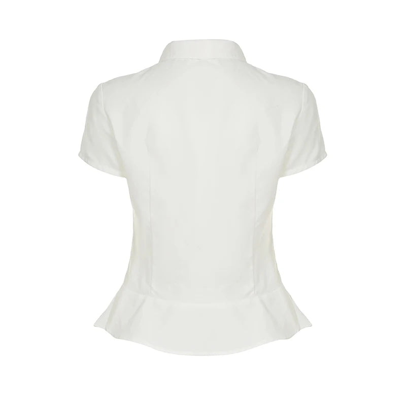 BXOXO Sweet Solid Simple Office Lady T-Shirts Summer Short Sleeves Slim Fit Folds Button Fashion New Women’s Clothing