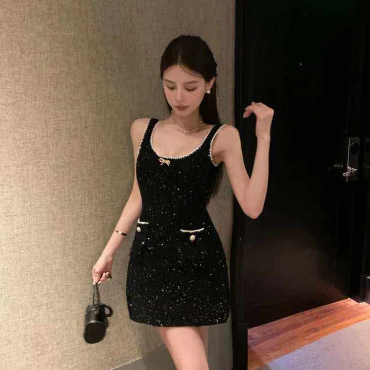 BXOXO Heavy Sequin Sexy Strap Dresses Spring New Slim Fit Bodycon Dress for Women Y2k Fairycore Sleeveless Black Vestidos Mujer