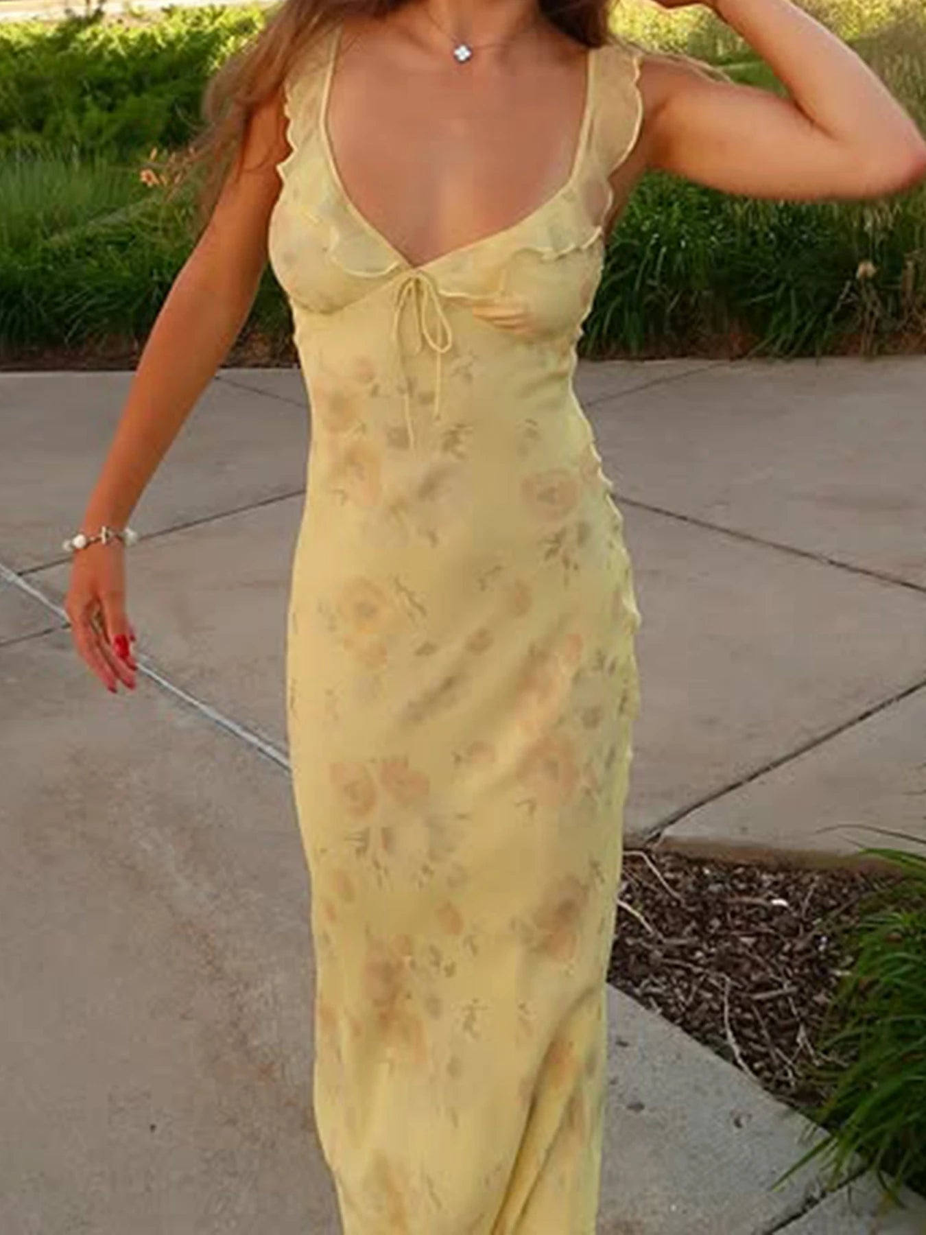 BXOXO Yellow Summer Print Camisole Dresses Slim Fit Elegant Fairycore Fashion Trendy Causal Holiday Style Clothes