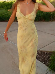 BXOXO Yellow Summer Print Camisole Dresses Slim Fit Elegant Fairycore Fashion Trendy Causal Holiday Style Clothes
