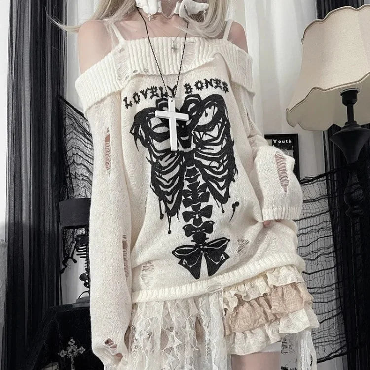 BXOXO Off Shoulder Hole Sweaters Women 2025 Autumn New Sphenoid Print Tops Y2k E-Girl Long Sleeve Hollow Out Pullovers