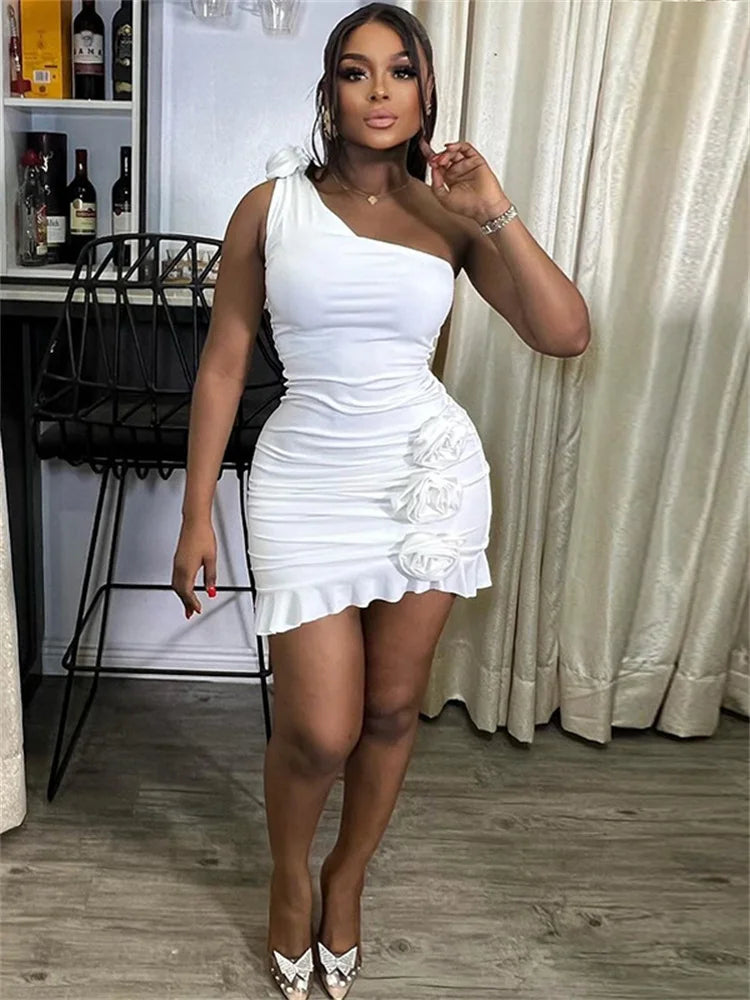 BXOXO  Sexy Incline Shoulder Women Mini Dress Solid Unique Appliques Ruffle Pleated Skinny Vestidos Mujer Classic Party New Frock