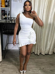 BXOXO  Sexy Incline Shoulder Women Mini Dress Solid Unique Appliques Ruffle Pleated Skinny Vestidos Mujer Classic Party New Frock