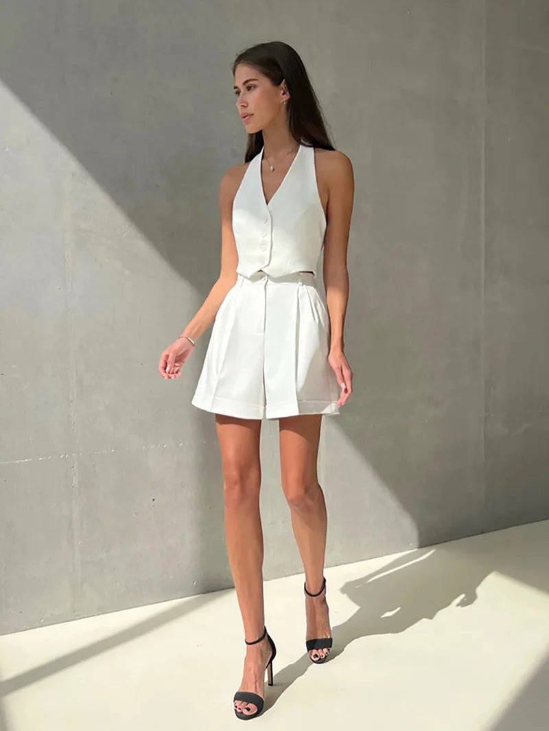 Bxoxo Spring Summer Women Office Shorts Suit Set Solid Khaki Sleeveless Halter Outfit 2 Piece Matching Sets For Women