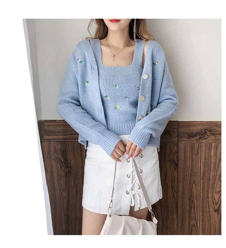 Bxoxo Two-piece Top Suit Flower Embroidered Knitted Korean Style Cardigan Autumn Fashion Sling Sweater Slim Sweet Jacket Sets