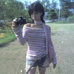 Bxoxo Japanese Style Y2k Sexy T-shirt Off Shoulder Vintage Rainbow Striped Tops Harajuku 2000s Long Sleeve T-Shirt Aesthetics