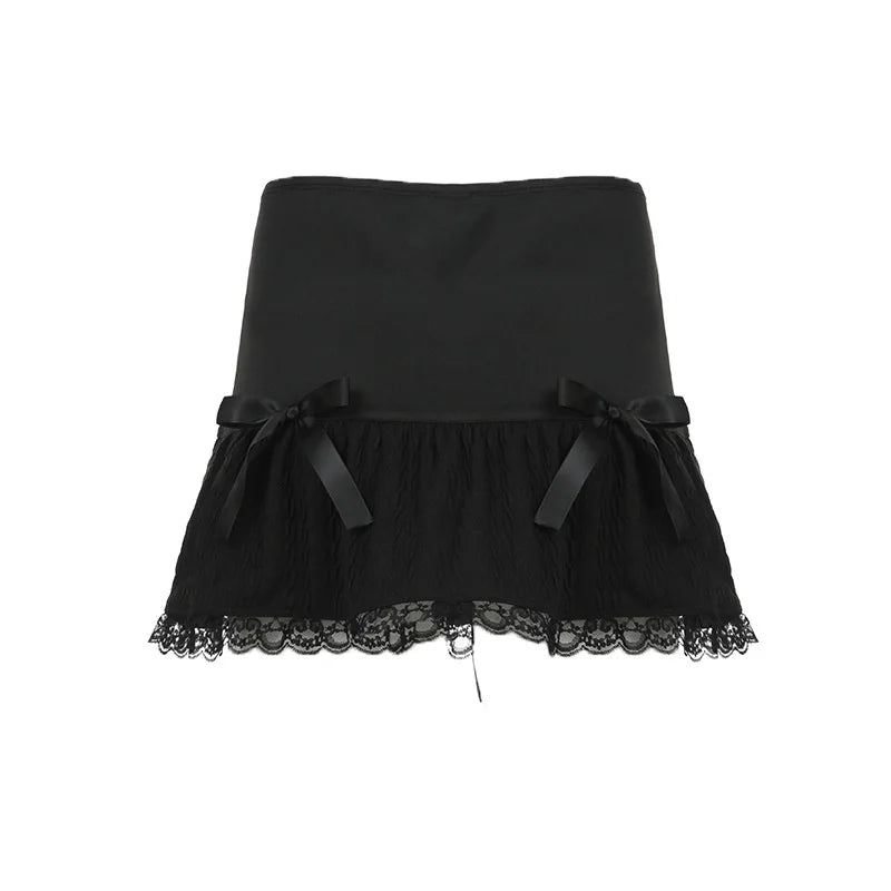 Bxoxo Goth y2k Skirt Women Elegant Low Waist Bowknot Lace Trim Pleated A-line Skirt Halloween Fairycore Skirts Streetwear
