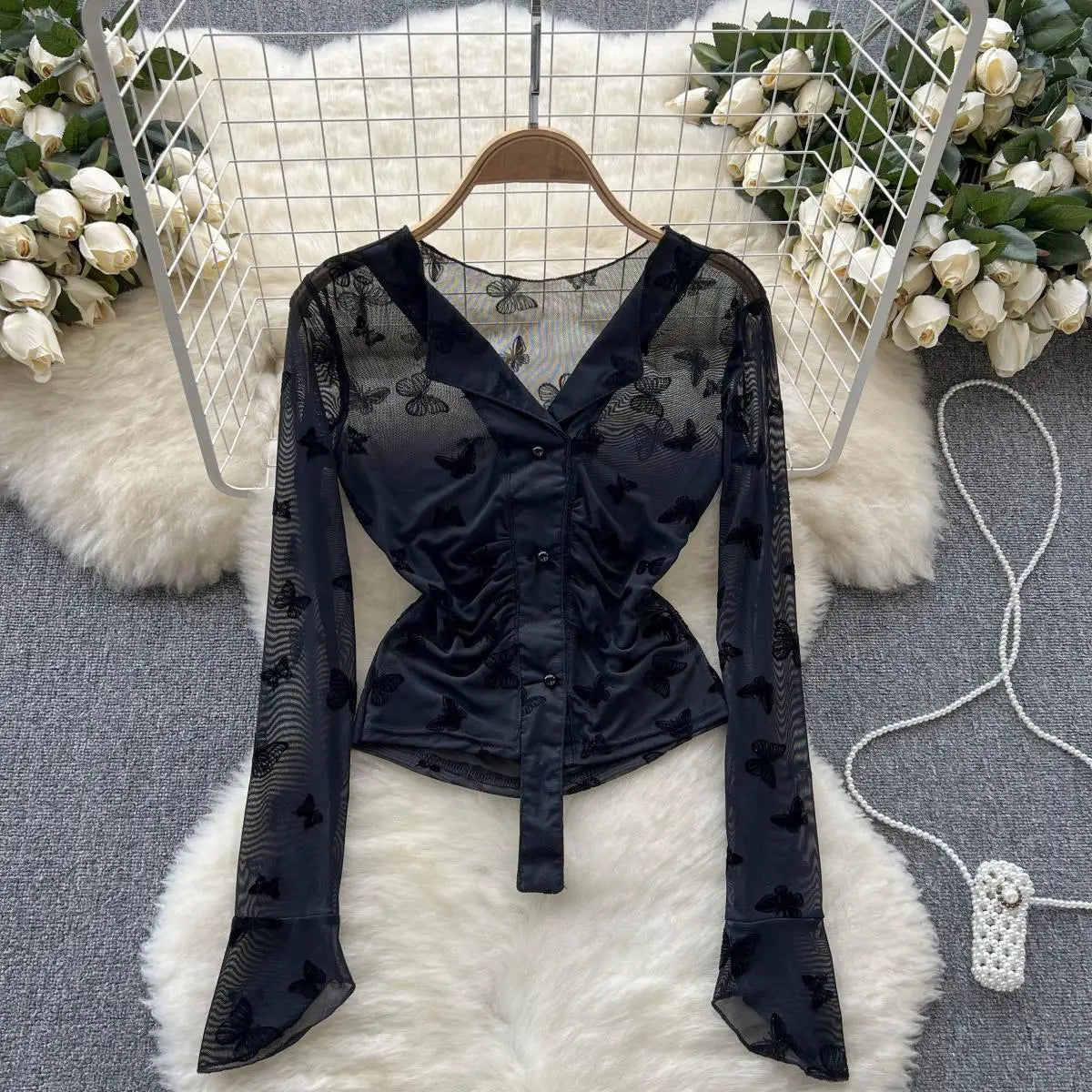 Bxoxo Butterfly Print Blouse Summer Long Sleeve V Neck Y2K 2024 Slim Vacation Ladies High Street Fashion Casual Shirt