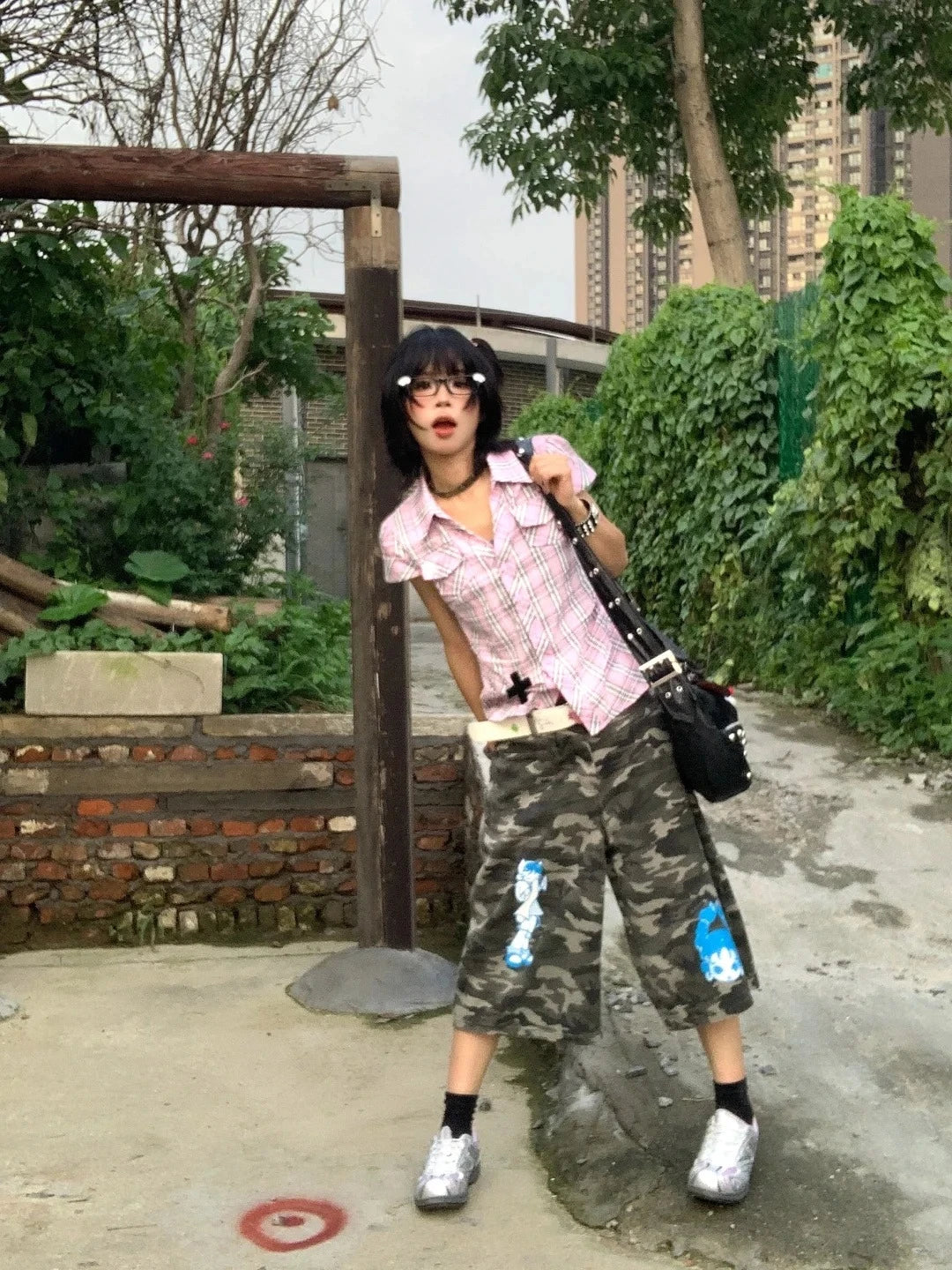 Bxoxo American Retro Plaid Shirt Women Short Sleeve Casual Shirt And Blouse Y2k Vintage Frill Blouse 2000s Japanese Shirts