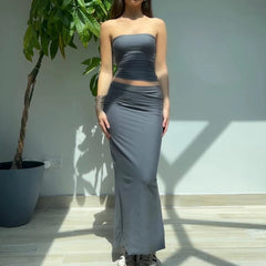 BXOXO 2 Piece Set Outfits Chest Wrap Strapless Camis Tube Top + Wrap Bodycon Long Skirt 90s Vintage Y2K Off Shoulder Backless Crop Top