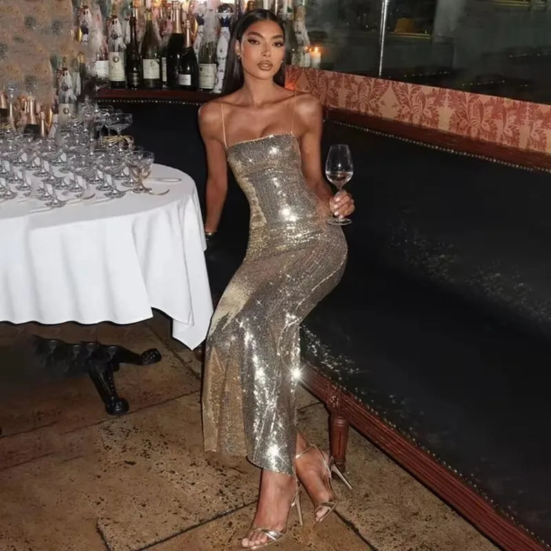 BXOXO 2025 Diamonds Glitter Backless Sexy Dress For Women Robes Evening Club Party Dress Bodycon Mini Summer Dress Vestidos