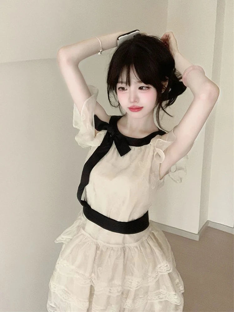 Bxoxo Off Shoulder Bow Sweet Dress Women Vintage O Neck Casual Elegant Mini Dress Lace Patchwork Retro Slim Lady Summer Vestidos