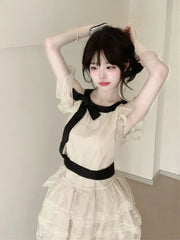 Bxoxo Off Shoulder Bow Sweet Dress Women Vintage O Neck Casual Elegant Mini Dress Lace Patchwork Retro Slim Lady Summer Vestidos