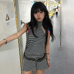 BXOXO Y2k Aesthetics Halter Dress Japanese 2000s Style Grey Striped Short Dress Vintage Harajuku Backless Mini Dress Grunge