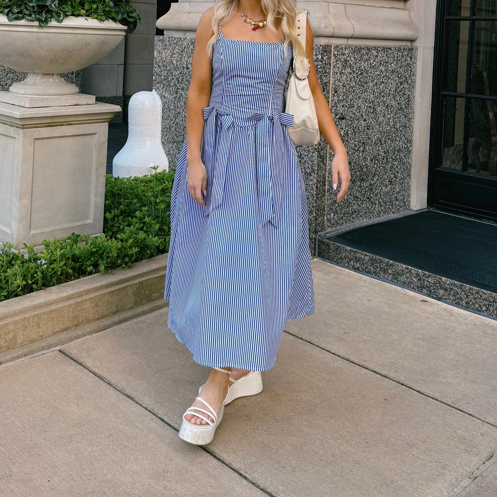 BXOXO Casual Bow Striped Maxi Dress Summer Cami Dress Flowy Beach Swing Sleeveless Spaghetti Strap Vacation Sundress for Women