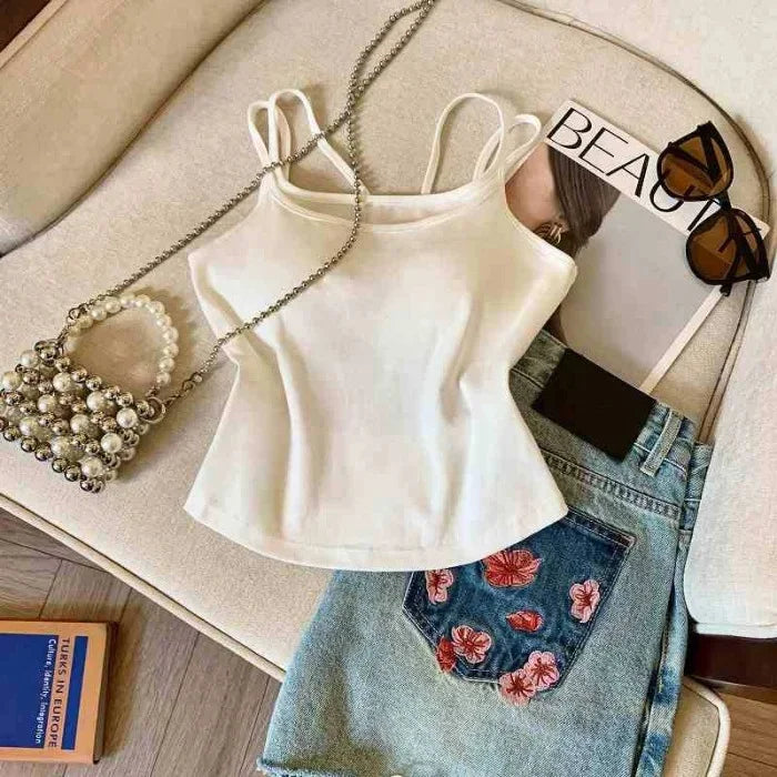 Bxoxo Fashion Patchwork Fake 2 Piece Women Camis Summer Fashion Spaghetti Straps with Chest Pad Vest Korean Chic Base Tank Female