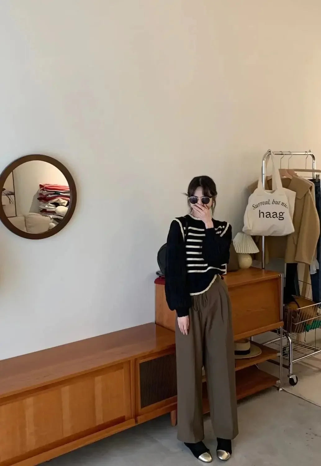 Bxoxo women Black and white striped fake two-piece knitted sweaters pring and autumn Korean soft glutinous pullover sweater female
