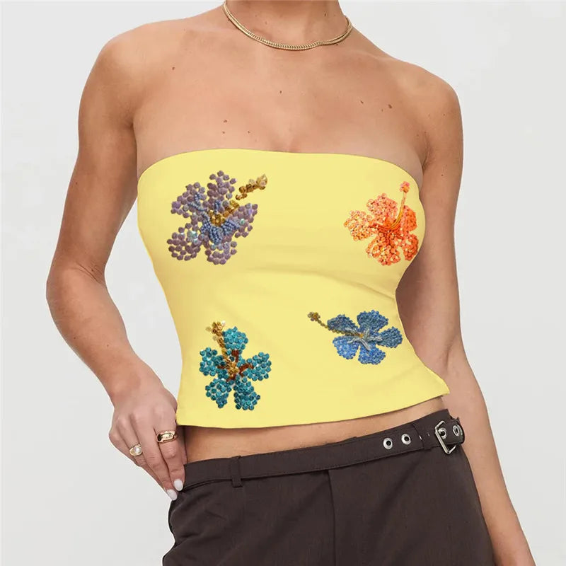 BXOXO Womens Sequin Strapless Tube Top Y2k Sparkle Floral Sleeveless Backless Slim Fit Floral Top Off Shoulder Bandeau Tops