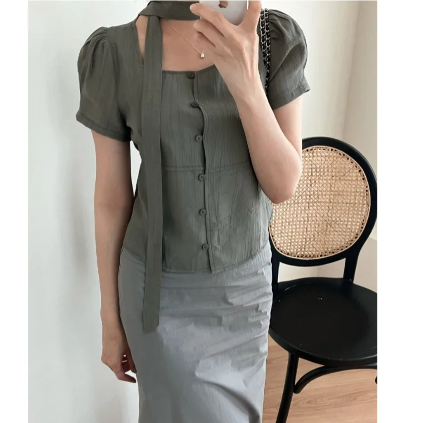 Bxoxo Summer ort Sve irt Single Button Square Collar Tie Design Casual Sle Pure Color Polyester Fiber 00%