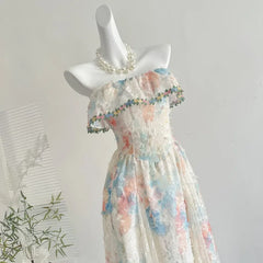 Bxoxo Sweet Fairy Tale Alice French Style Off-Shoulder Dress High Collar Full Sleeve Ankle-Length Beach Vacation Gown Quality