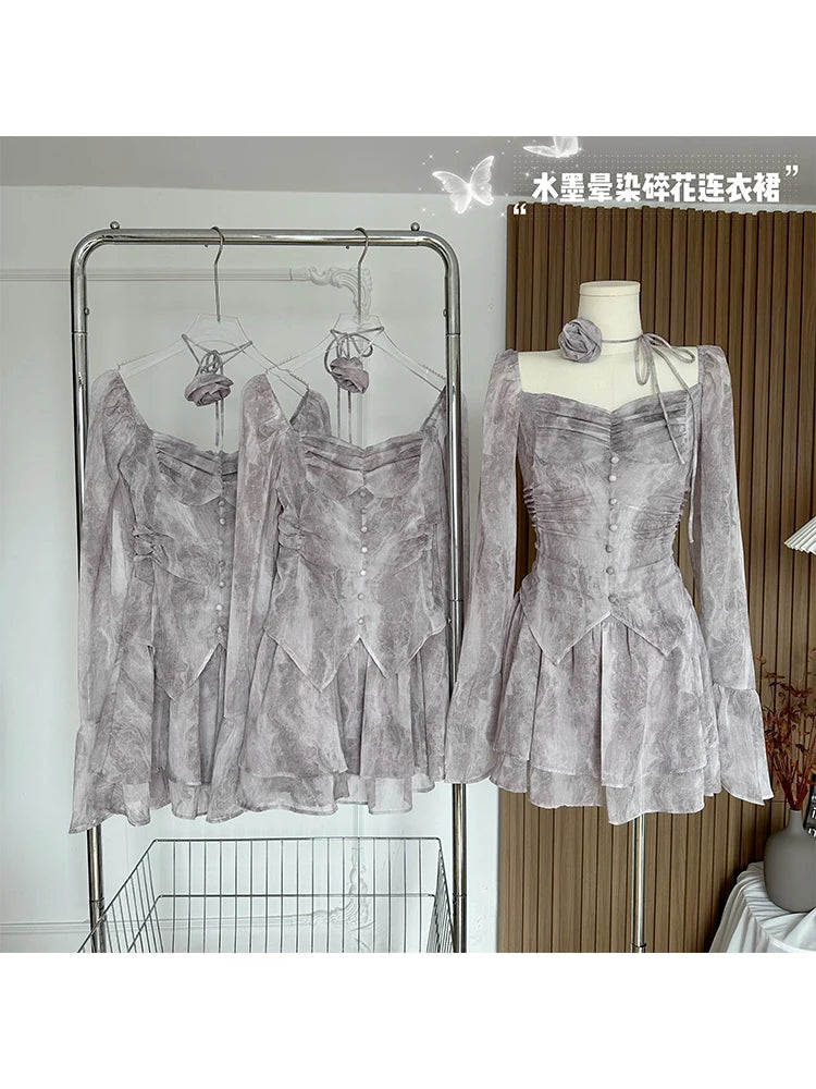 Bxoxo Women A-line Luxury Dress Elegant Long Sleeve Mini Evening Dress Harajuku Vintage 90s Y2k One Piece Frocks 2000s Clothes Autumn
