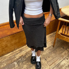 Bxoxo Polka Dot Mesh Long Skirt Summer Fashion Clashing Patchwork Slim Long Skirt Women Elegant Vintage Y2k Loose Long Skirt