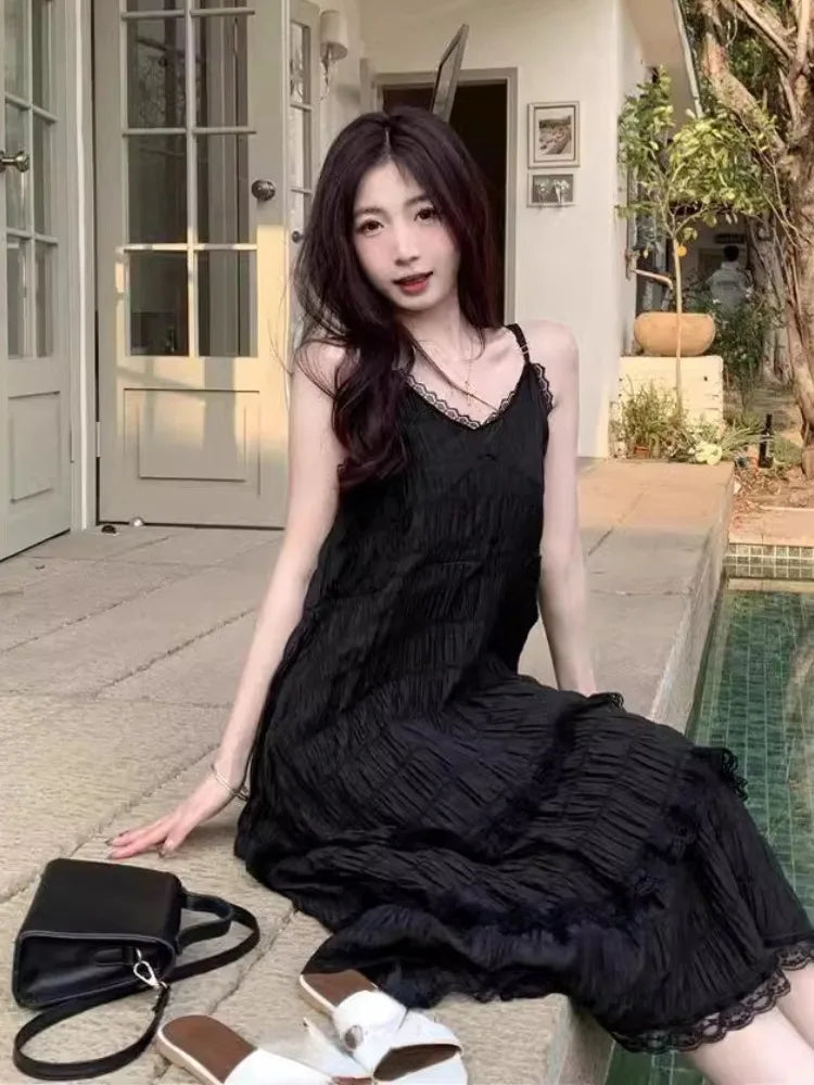 Bxoxo Lace Patchwork Camis Dress Women French Elegant Spaghetti Straps White Dress Y2K Summer Sweet Bohemia Femme A-Line Vestidos