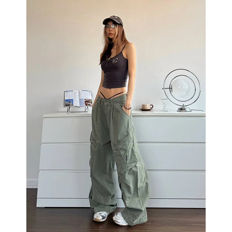 BXOXO NEW Green Jeans for Women High Quality High Waist American Wide Leg Pants Solid Y2K Vintage Straight Summer Trousers