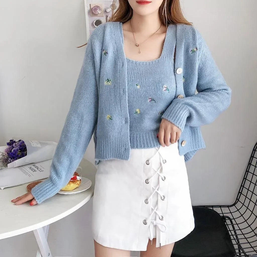 Bxoxo Two-piece Top Suit Flower Embroidered Knitted Korean Style Cardigan Autumn Fashion Sling Sweater Slim Sweet Jacket Sets