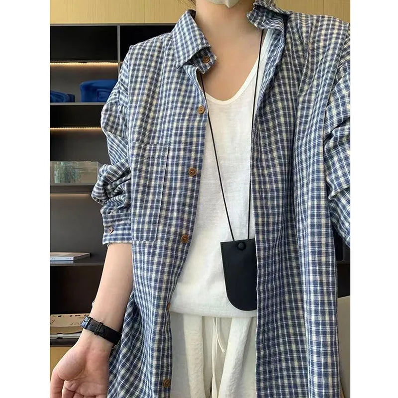 Bxoxo Vintage Blue Plaid Shirts for Women Casual Loose Long Sleeve Checkered Blouses Bf Summer Streetwear Lapel Shirt New