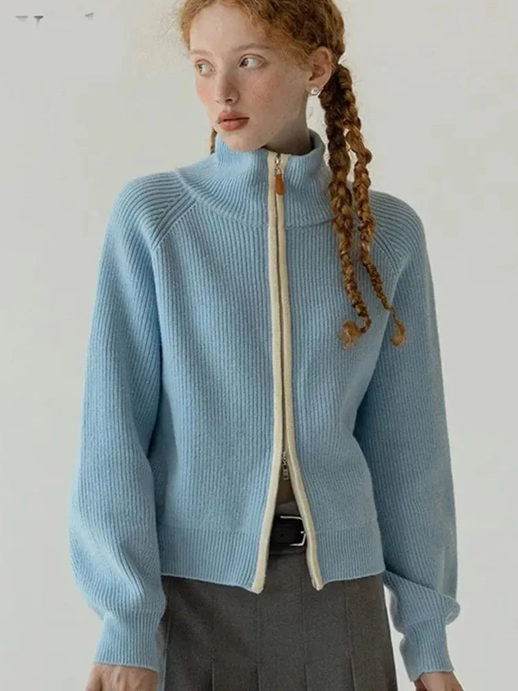 Bxoxo Retro American Preppy Style Cardigan Women Long Sleeve Loose Casual Knitted Sweaters Fall New Double Zipper Vintage Female Tops