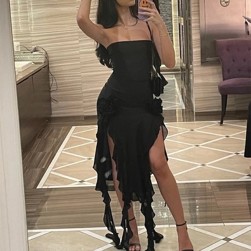 BXOXO Sexy Tassel Fairy Dress Aesthetic Tube Tops Summer Irregular Midi Dresses Elegant Beach Party Outfits Women's Robe Vestidos