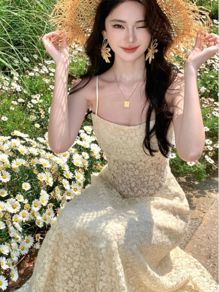Bxoxo Women's Sexy Hollow Lace Dresses 2025 Summer Elegant French Sling Floral A-Line Full Skirt Long Dress Fashion Holiday Vacation