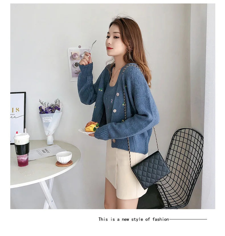 Bxoxo Two-piece Top Suit Flower Embroidered Knitted Korean Style Cardigan Autumn Fashion Sling Sweater Slim Sweet Jacket Sets