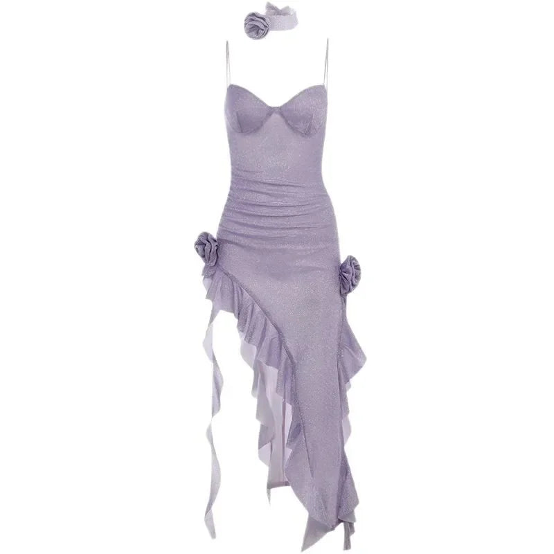 BXOXO Elegant Summer New Style Women's Dress Slim Fit with Slit V-Neck Sleeveless Ankle-Length Regular Waist Line Floral Sash