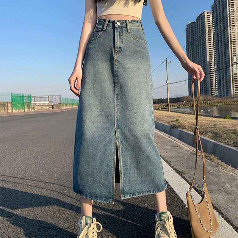 Bxoxo Summer New High-waist Slit Denim Skirt For Women Washed Retro A- line Skirt Hip-covering Straight Long Skirt