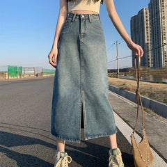 Bxoxo Summer New High-waist Slit Denim Skirt For Women Washed Retro A- line Skirt Hip-covering Straight Long Skirt