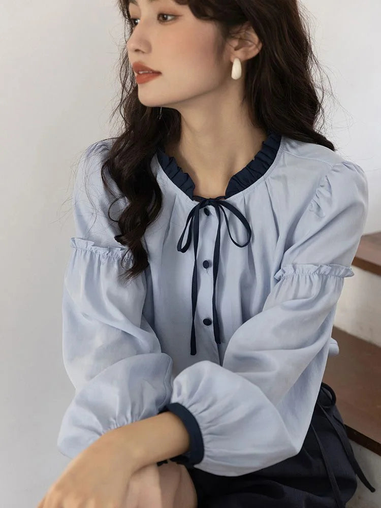 Bxoxo Sweet Retro Blue Blouse Women Elegant Long Sleeve Japan Shirt Fall Loose Preppy Style Ruffles Lace Up Vintage Lady Tops New