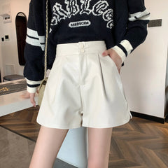 BXOXO Women PU Leather Zipper Shorts Buttons Casual High Waist A-line Shorts Chic Office Loose Trousers For Women Autumn Winter