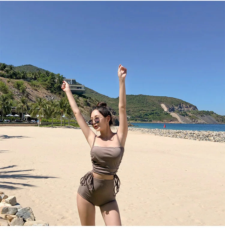Bxoxo Korean Style High Waist Bikini Set Women Biquini Suit Two Pieces Swimwear Solid Swimsuit High Quality Beach Suit 2020