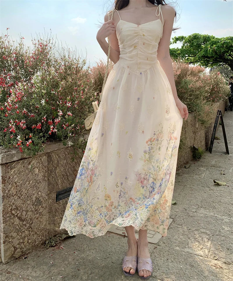 Bxoxo Summer French Print Embroidery Women's Dresses 2025 Prairie Chic Elegant V-Neck Pleated Lace-up Long Dress New Fashion Casual