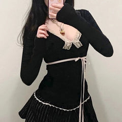 Bxoxo Fairy Grunge Top y2k Women Clothes Lace Trim V Neck Long Sleeve T Shirt with Bow Coquette Clothing 2000s Streetwear