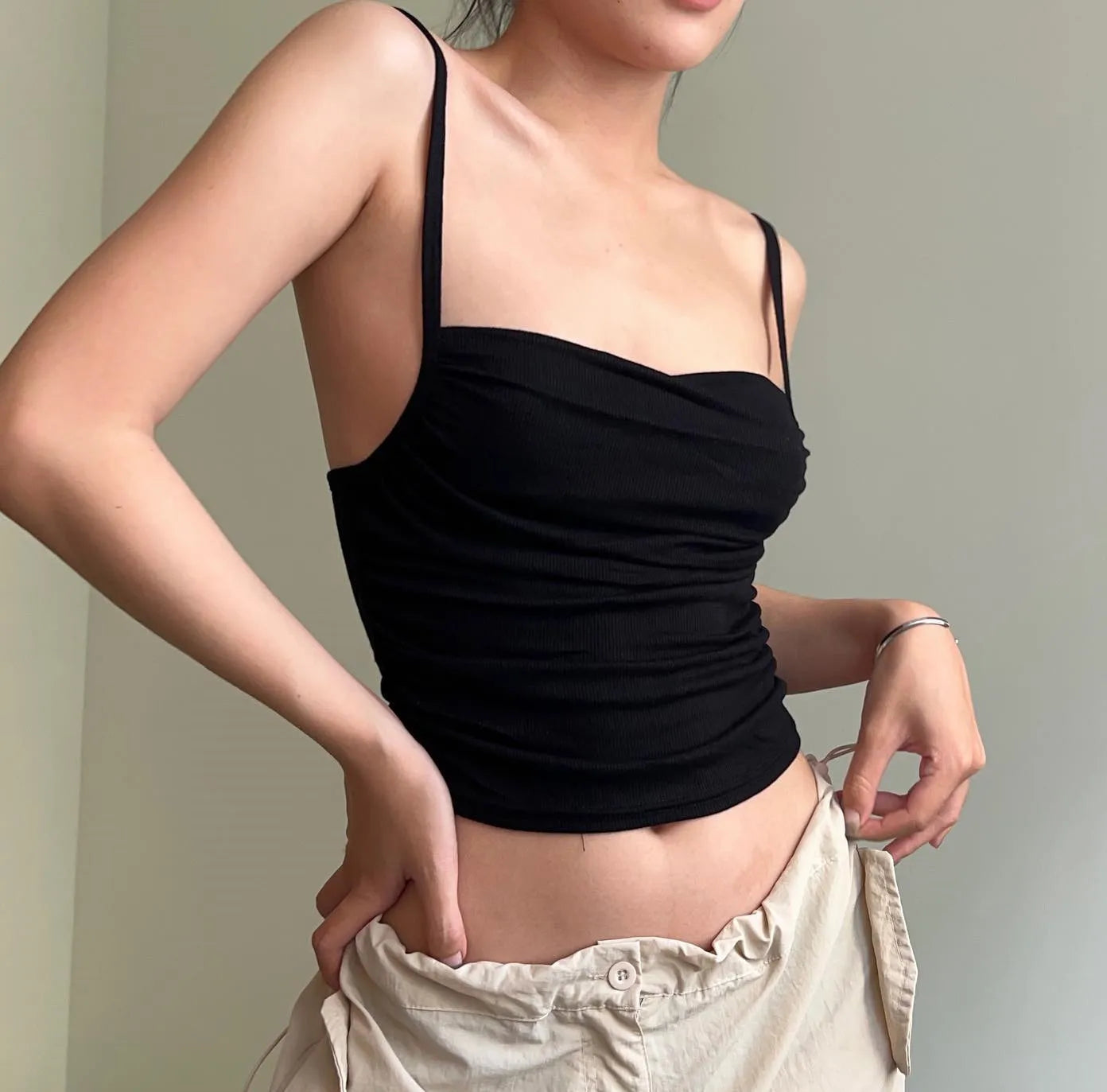 Bxoxo Spaghetti Straps Ruched Tank Top Casual All-matching Low-cut Backless Crop Tops Simple Underwear Bodycon Corsets