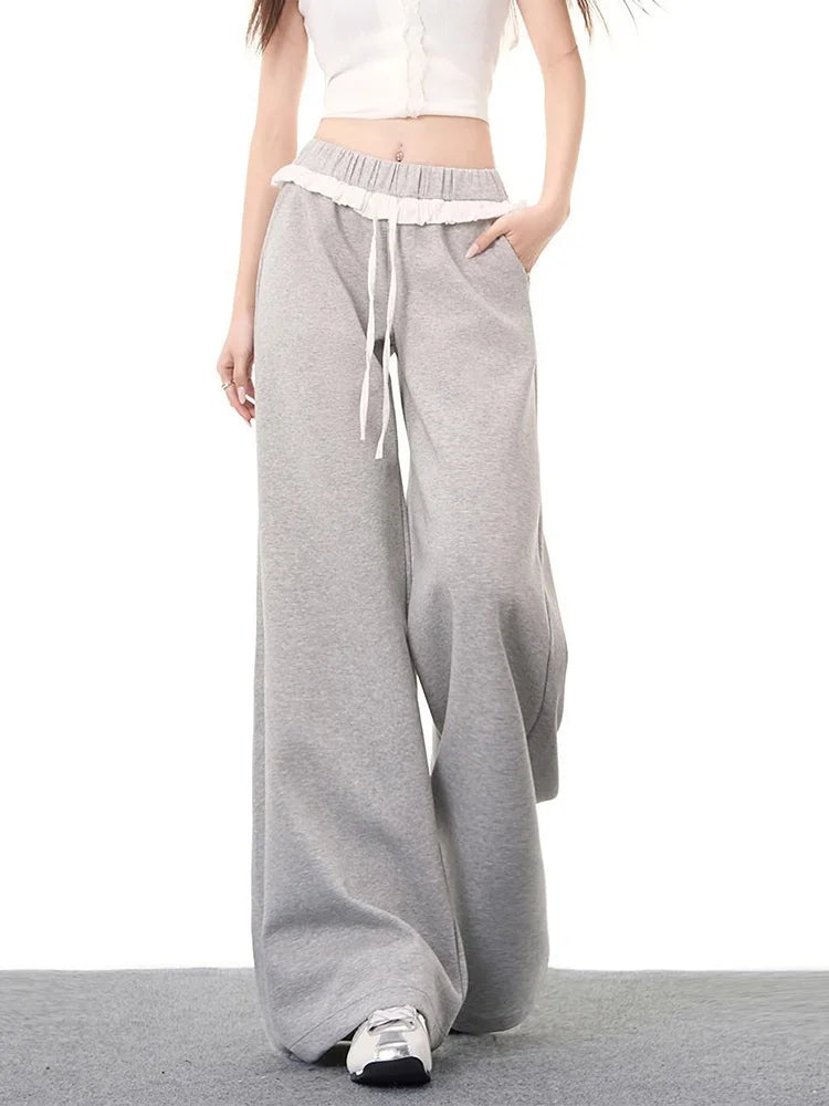 Bxoxo Elegant Vintage Gray Sweatpants Women High Waist Korean Sweet Wide Leg Pant Fall Retro Loose Ruffles Pockets Lady Trousers